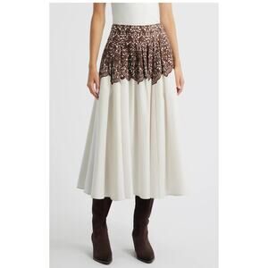NWT The GREAT. Regency Pleated Maxi Skirt Lace Ivory Brown Size 3 L $325